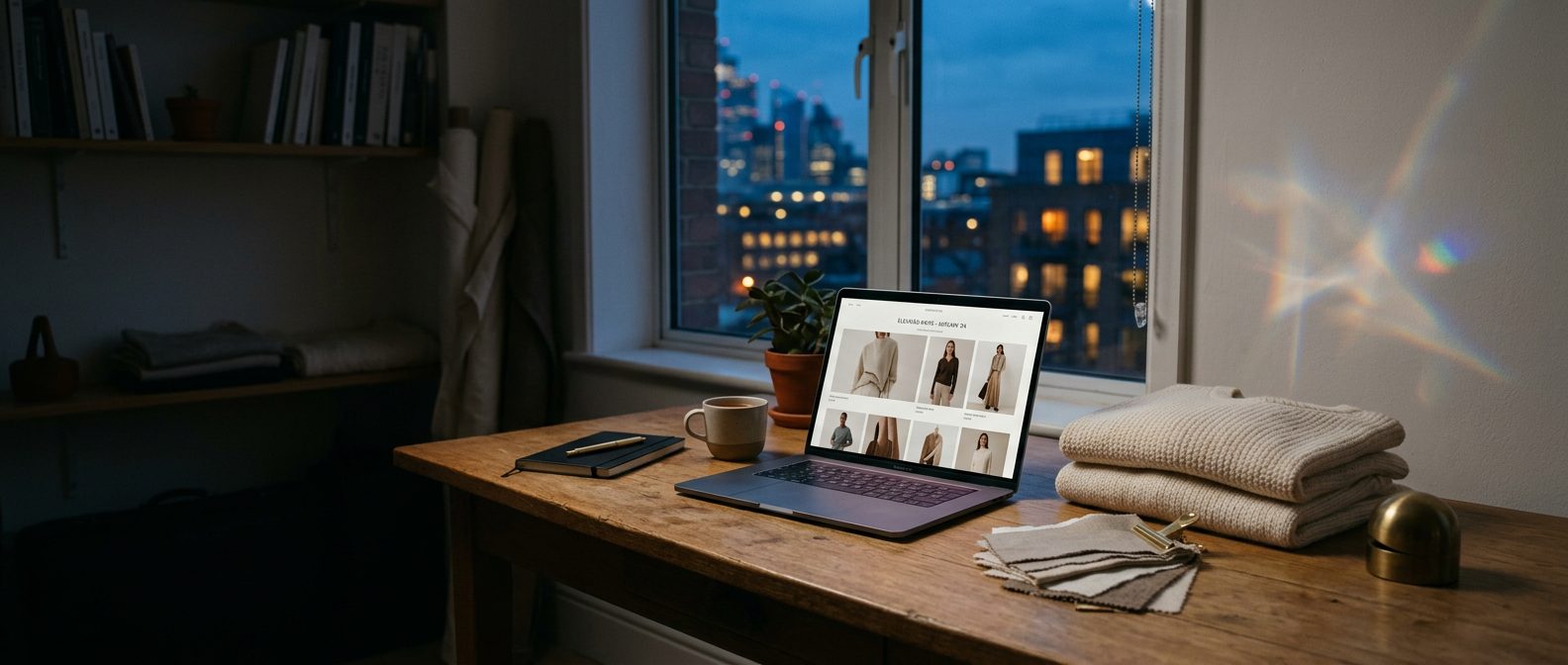 A studio desk at dusk with a laptop showing a fashion storefront